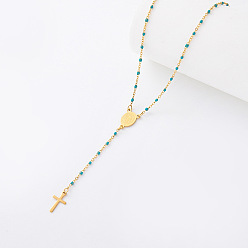 Turquoise Vintage Resin Rosary Bead Necklaces, 304 Stainless Steel Religion Cross Virgin Pendant Necklaces for Women, Golden, Turquoise, 17.72 inch(45cm)