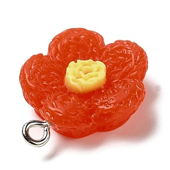 Red Opaque Resin Pendants, Flower Charms with Platinum Plated Iron Loops, Red, 20x18x6mm, Hole: 2mm