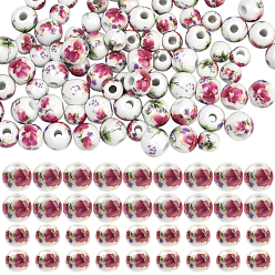 Серо-розавый 100шт 2 стили фарфоровые бусины ручной работы, круглые с цветочным узором, увядшая роза, 8~10x7~9 мм, отверстие : 3 мм, 50 шт / стиль
