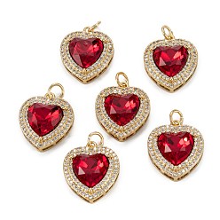 Красный Латунные микро проложить кубического циркония подвески, сердце, реальный 18 k позолоченный, красные, 19x16x7 мм, отверстие : 3.4 мм, Перейти кольцо: 5x0.8 мм