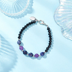 Содалитовое Браслеты из натурального содалита и стеклянных круглых бусин для женщин, с латунной фурнитурой , 8-5/8 дюйм (22 см)