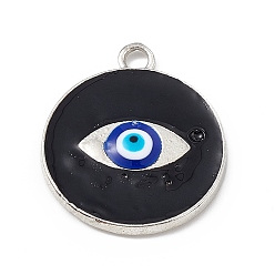Black Alloy Pendants, with Enamel, Flat Round with Evil Eye Charm, Platinum, Black, 24x20.5x2mm, Hole: 2.3mm