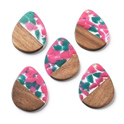 Темно-Розовый Подвески из смолы и ореха, слеза, темно-розовыми, 35.5x26x3 мм, отверстие : 2 мм