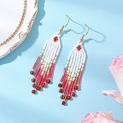 Красный 304 серьги-подвески из нержавеющей стали с бусинами и стеклянными кисточками, с естественной красной яшмой, золотые, красные, 75x15 мм