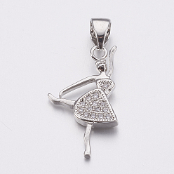 Платина Латунные микро проложить кубического циркония подвески, танцор, платина, 21x13x2 мм, отверстие : 3x4 мм