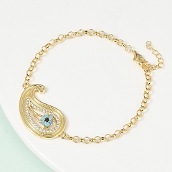 Настоящее золото 18K Латунь микро проложить кубического циркония браслеты ссылку, браслеты цепей роло для женщин, teadrop, без свинца и без кадмия, долговечный, реальный 18 k позолоченный, 7-3/8 дюйм (18.8 см)