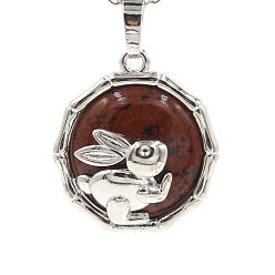 Красный Обсидиан Натурального красного дерева обсидиана подвески, плоская круглая форма из латуни платинового цвета с подвесками в виде кролика, 25x10 мм