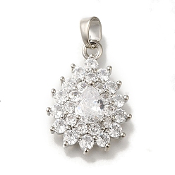 Прозрачный Подвеска из латуни с микропаве из кубического циркония, без свинца и без кадмия, долговечный, слеза, платиновый, прозрачные, 25x17x5 мм, отверстие : 4x3 мм