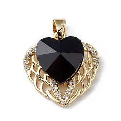Black Real 18K Gold Plated Rack Plating Brass Micro Pave Clear Cubic Zirconia Pendants, with Glass, Long-Lasting Plated, Cadmium Free & Lead Free, Heart Charm, Black, 19x19x8mm, Hole: 5x3mm