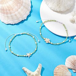 Зеленый 2шт. стеклянные семена регулируемые плетеные браслеты из бисера, с бирюзой синтетического, морская звезда и черепаха, зелёные, внутренний диаметр: 2-5/8~4-1/8 дюйм (6.8~10.3 см)