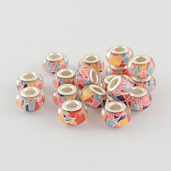 Фламинго Бусины из смолы европейского стиля с большим отверстием , с серебряного цвета латуни двойные сердечники, рондель, фламинго, 14x9 мм, отверстие : 5 мм