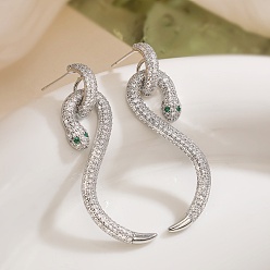 Платина Серьги-гвоздики в форме змеи из латуни с кубическим цирконием для женщин, платина, 48.5x23 мм