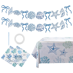 Небесно-голубой Бумажный бантик, ракушка, морская звезда, флаг, подвесные баннеры, с полиэтиленовыми скатертями и бумажными салфетками, голубой, 85~154x74~155x0.3 мм