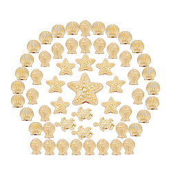Light Gold 80Pcs 4 Style Rack Plating Alloy Beads, Cadmium Free & Lead Free, Light Gold, Tortoise, Scallop, Starfish, Fish, 8.5~14x9~11x4~5.5mm, Hole: 1~2mm, 20pcs/style