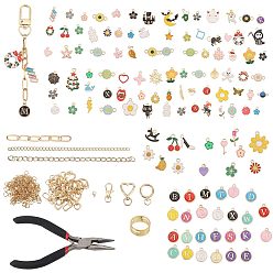 Mixed Color 1 Bag DIY Keychain Kit, Alloy Enamel Pendants & Swivel Clasps & Curb Chain & Oval Link Chain & Jump Ring & Pliers, Golden, Mixed Color, 12~25x7~25x1~2mm, Hole: 1~3mm