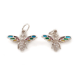 Платина Латунные микро проложить кубического циркония подвески, с прыжковыми кольцами и эмалью, Пчелы, красочный, платина, 12x15.5x4 мм, Перейти кольцо: 5x0.7 мм, отверстие : 3.5 мм