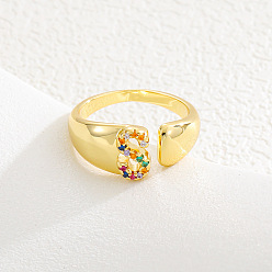 Letter S Браслет-манжета из латуни с микропаве и цветными кубическими циркониями, открытые кольца., буквы, золотые, Письмо с, 15~20 мм