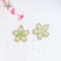 Pale Green Alloy Enamel Pendants, Golden, Sakura Charm, Pale Green, 23x22mm