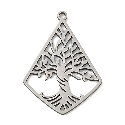 Нержавеющая Сталь Цвет 201 подвески из нержавеющей стали, лазерная резка, ромб с оберегами «Древо жизни», цвет нержавеющей стали, 28x20x1 мм, отверстие : 1.5 мм