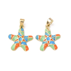 Морская звезда Подвески из латуни с морскими животными и эмалью, стойки покрытие, долговечный, без свинца и без кадмия, реальный 18 k позолоченный, морская звезда, 17.5x16x3 мм, отверстие : 5x3 мм