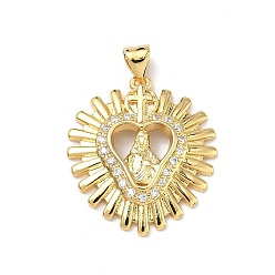 Настоящее золото 16K Латунные микропаве прозрачные подвески с фианитом, сердце с подвесками Девы Марии, реальный 16 k позолоченный, 26x22.5x3.5 мм, отверстие : 4.5x3.5 мм