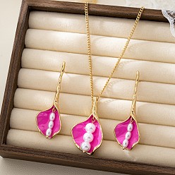 Камелия Подвески из эмалированного сплава с пластиковыми жемчужинами, ожерелья и серьги-гвоздики., цветок, золотые, камелия, колье: 19.69 дюйм (50 см)