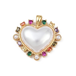 Настоящее золото 18K Латунные микро проложить кубического циркония подвески, с ABS имитации жемчуга, сердце прелести, без кадмия и без свинца, стойки покрытие, долговечный, реальный 18 k позолоченный, 28x29x7.5 мм, отверстие : 6x2 мм