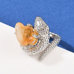 Желтый Кварц Кольца-манжеты из натурального желтого кварца змеи, латунные регулируемые кольца для женщин, долговечный, платина, внутренний диаметр: 18x21 мм