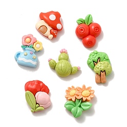 Mixed Color Flower/Mushrooom/Cactus Spring Garden Opaque Resin Decoden Cabochons, Mixed Shapes, Mixed Color, 23~28x20~27x7~9mm
