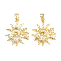 Real 18K Gold Plated Brass Micro Pave Clear Cubic Zirconia Pendants, Sun with Star Charms, Real 18K Gold Plated, 23.5x19.5x4.5mm, Hole: 5x2mm