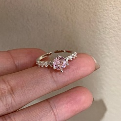 Pink Браслет-манжета из латуни с инкрустацией кубическим цирконием, открытые кольца, цветок, платина, розовые, 15~20 мм