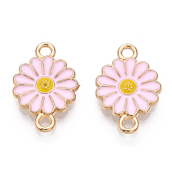 Pearl Pink Zinc Alloy Enamel Sunflower Connector Charms, Flower Links, Light Gold, Pearl Pink, 18x12x2mm, Hole: 1.8mm
