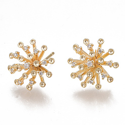 Real 18K Gold Plated Brass Stud Earring Findings, with Loop and Cubic Zirconia, Nickel Free, Real 18K Gold Plated, Flower, Clear, 13.5mm, Hole: 1mm, Pin: 0.8mm