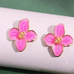 Ярко-Розовый Серьги-гвоздики из сплава эмали с латунными штифтами, цветок, золотые, ярко-розовый, 26x26 мм