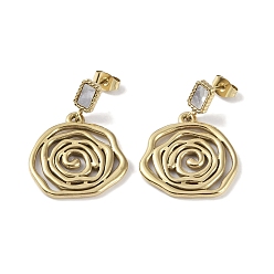 Real 18K Gold Plated Flower 304 Stainless Steel Shell Stud Earrings, Dangle Earrings for Women, Real 18K Gold Plated, 32x22.5mm
