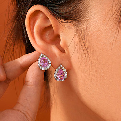 Pink Латунные серьги-гвоздики в виде капель, с кубическим цирконием и стеклом, платина, розовые, 15x12 мм