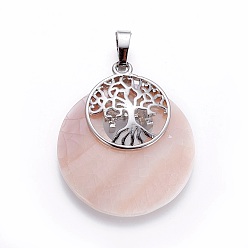 Pink Shell Pink Shell Pendants, with Platinum Tone Brass Findings, Flat Round with Tree of Life, 33.5x28~28.5x6.5mm, Hole: 5x7mm