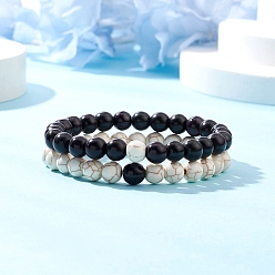 Бирюза 2шт 2 цвета окрашенные синтетические бирюзовые бисерные эластичные браслеты для женщин и мужчин, внутренний диаметр: 2-1/8 дюйм (5.5 см), 1 шт / цвет