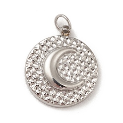 Edelstahl Farbe Anlaufgeschützt 304 Charms aus Edelstahl, mit Sprungring, , flach rund mit Mond-Muster, Edelstahl Farbe, 14x12x2.5 mm, Bohrung: 2.5 mm