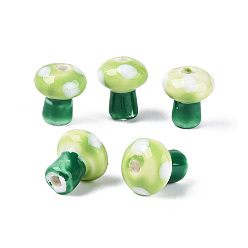 Pale Green Handmade Porcelain Beads, Hand Painted Ceramic Beads, Mushroom, Famille Rose Porcelain, Pale Green, 11.5~12.5x10~10.5mm, Hole: 1.6~2mm