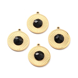 Black Onyx Подвески из натурального черного оникса, с ионным покрытием (ip) 304 выводы из нержавеющей стали, реальный 24 k позолоченный, окрашенная и подогревом, плоско-круглые, 15.5x13.5x3.5 мм, отверстие : 1 мм