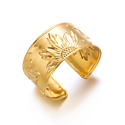 Golden 304 Stainless Steel Sunflower Wide Open Cuff Bangles for Women, Golden, Inner Diameter: 2.36 inch(6cm)
