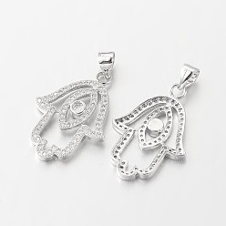 Платина Латунные микро проложить кубического циркония подвески, hamsa рука / рука fatima / рука miriam, без свинца и без никеля , платина, 24x17x2 мм, отверстие : 4x3 мм