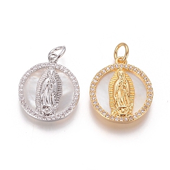 (52) Непрозрачная лаванда Латунные подвески, с микро проложить кубического циркония, раковины и прыжковые кольца, плоские круглые с Девой Марией, прозрачные, разноцветные, 17x15x3 мм, отверстие : 3.5 мм
