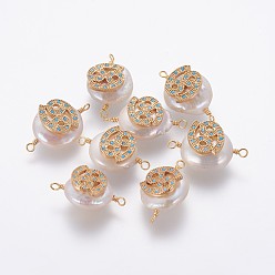 Cancer Natural Pearl Links connectors, with Brass Micro Pave Cubic Zirconia Findings, Flat Round with Constellation, Golden, Deep Sky Blue, Cancer, 20~26x9~17x5~11mm, Hole: 1.6mm