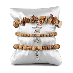 Пейзажный Джаспер Естественного изображения яшма стрейч браслеты, для женщин, амулет звезда, луна и крылья, периметр: 7-1/2 дюйм (19 см), 3 шт / комплект