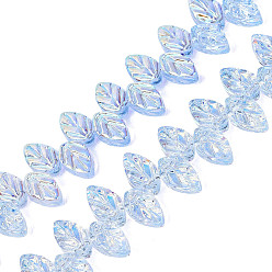 Bleu Clair Plaquent verre transparent perles brins, feuille, de couleur plaquée ab , demi-plaqué, teint et cœur, bleu clair, 11~11.5x6.5~7x3~4mm, Trou: 0.8~0.9mm, Environ 98~100 pcs/chapelet, 18.90~19.29 pouce (48~49 cm)