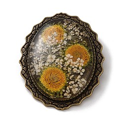 Желтый Ретро-значки из сплава для лацканов, рюкзаков и одежды., овальный с сушеными подсолнечными листьями, античная бронза, желтые, 50x40 мм