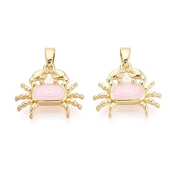 Розовый Латунь эмаль подвески, крабовые прелести, реальный 18 k позолоченный, туманная роза, 15x17x3.5 мм, отверстие : 4.5x2 мм