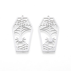 Нержавеющая Сталь Цвет Не тускнеющие подвески на Хэллоуин 201 из нержавеющей стали, лазерная резка, гроб с пауком, цвет нержавеющей стали, 45x24x1 мм, отверстие : 1.5 мм